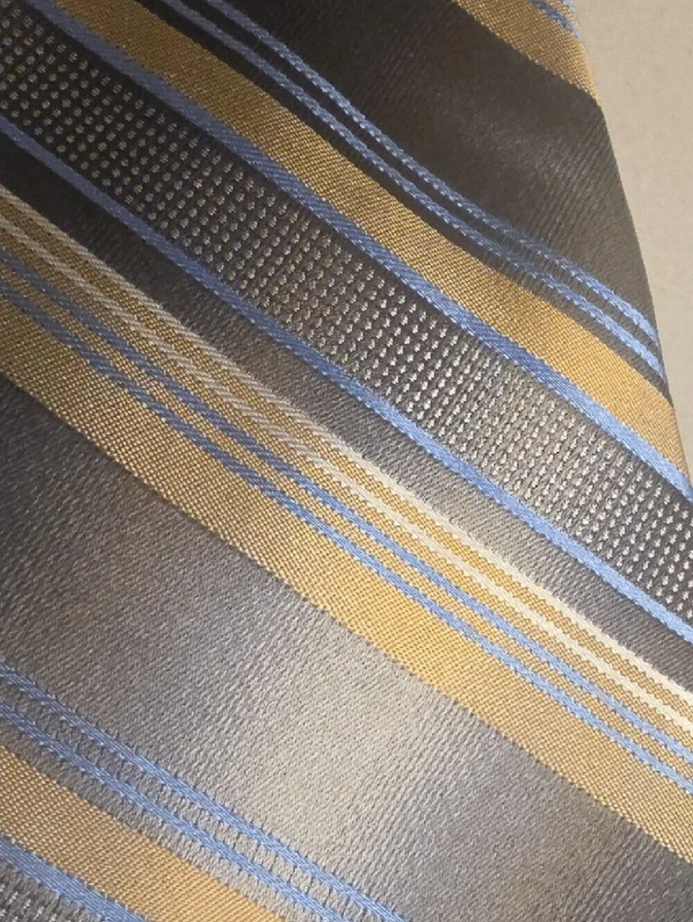 Pronto Uomo Silk Hand Made Gray Tie with Gold and Blue Stripes X Large 65 Inches